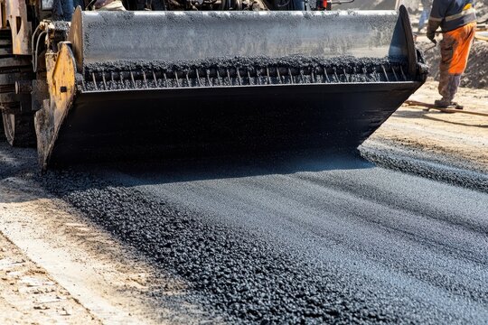 Heavy machinery laying fresh asphalt on a construction site