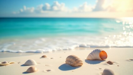 A serene scene of seashells placed on soft sandy beach, with the sun glinting off the surfaces