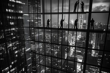 Small workers cleaning large windows in a huge office tower