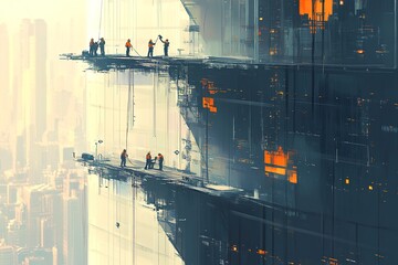 Small workers cleaning large windows in a huge office tower