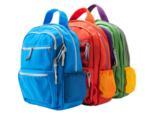a photo of three school backpacks, one in blue and the other two red and yellow with lots of pockets for school supplies.