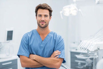 Confident dentist stands in clinic with arms crossed. Healthcare concept. For ads, web, banners.