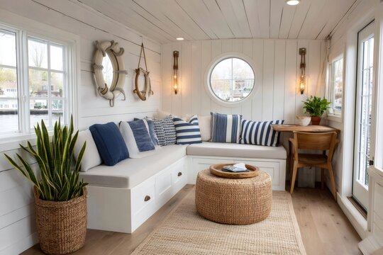 Cozy living room interior with nautical decor, featuring a comfortable sofa and coastal accents