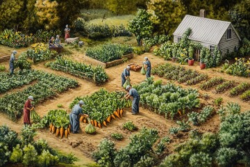 Small workers harvesting giant carrots from a large garden patch