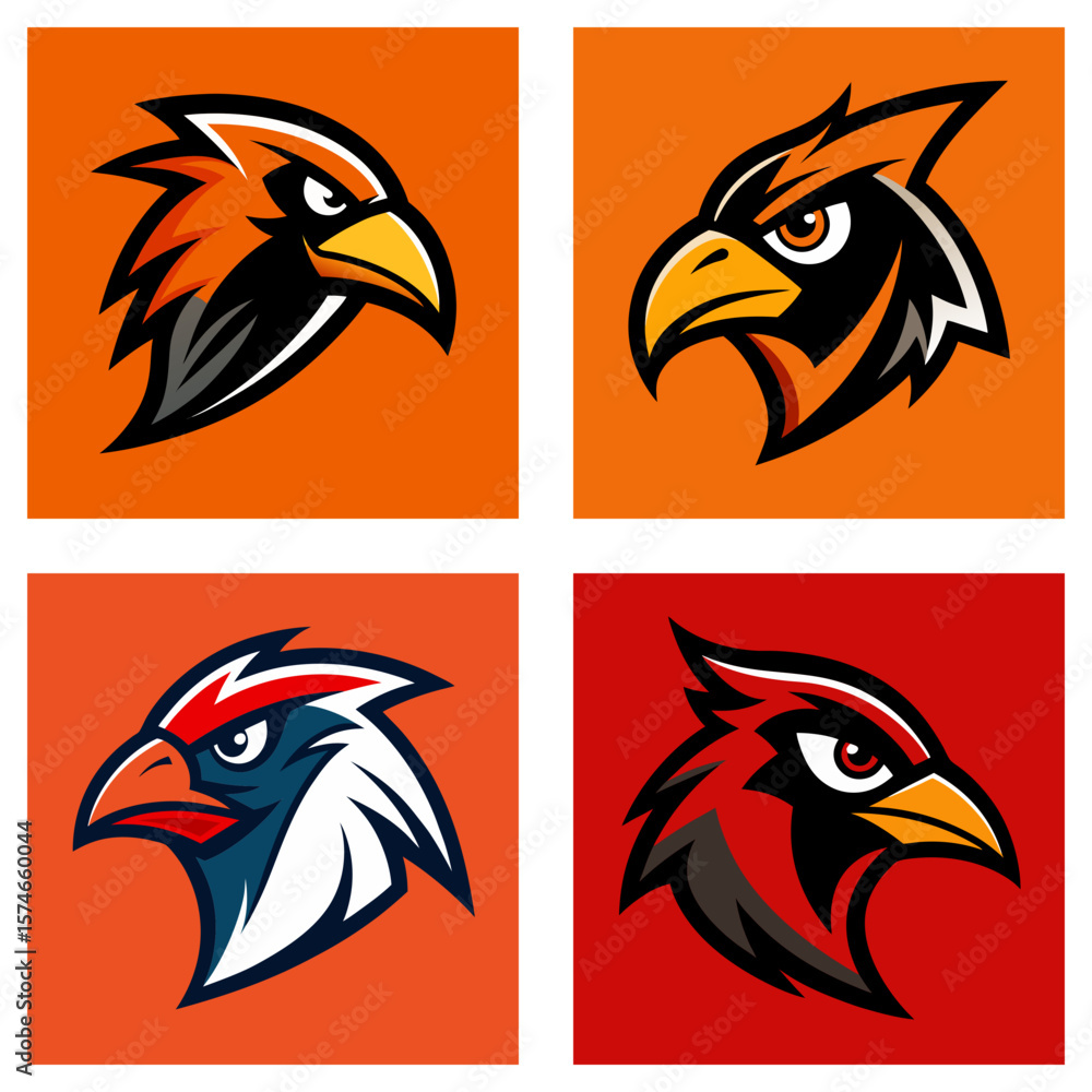 Poster collection of four bird head illustrations with different color schemes and background colors design
