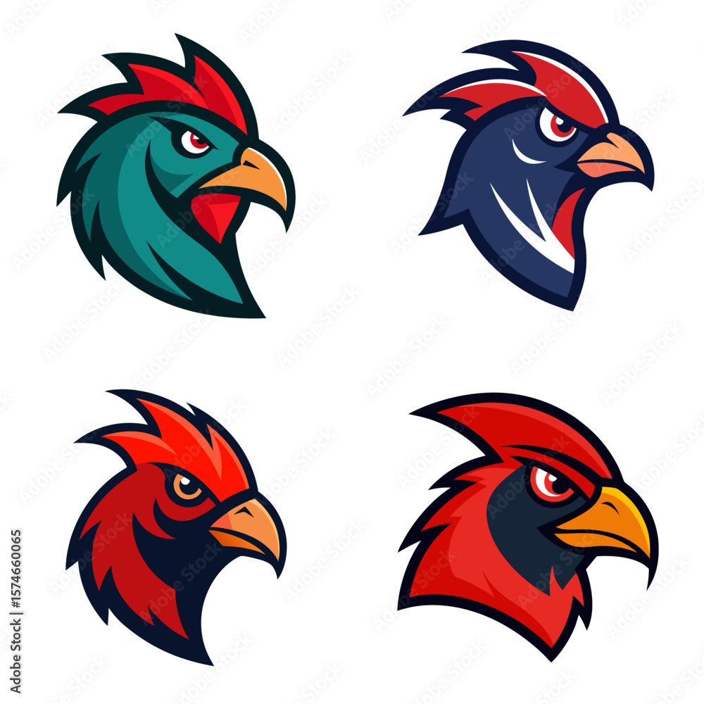 Poster collection of four stylized bird head logos with varied color schemes and aggressive expressions sho