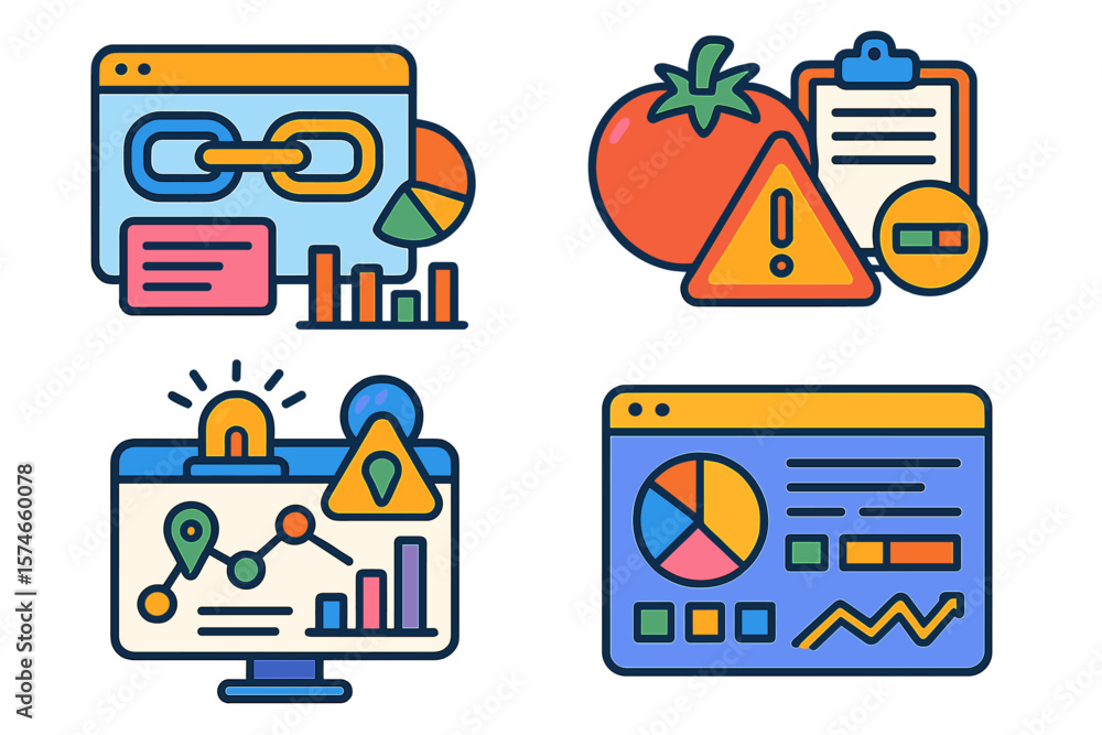 Poster colorful digital icons representing data analysis, alerts, and project management in a modern design