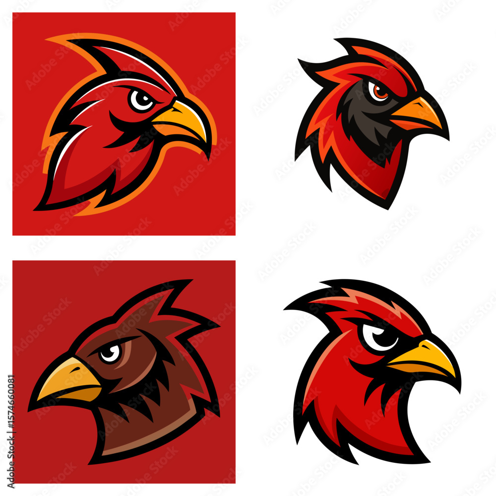 Aufkleber four cardinal bird head designs with different color schemes and background variations displayed