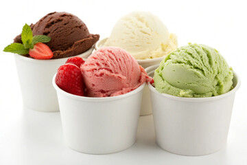 An inviting display of multiple ice cream flavors in cups, perfect for summer treats and menus.