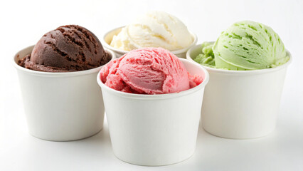 Assorted ice cream scoops in paper cups, showcasing different flavors like chocolate, strawberry, and pistachio.