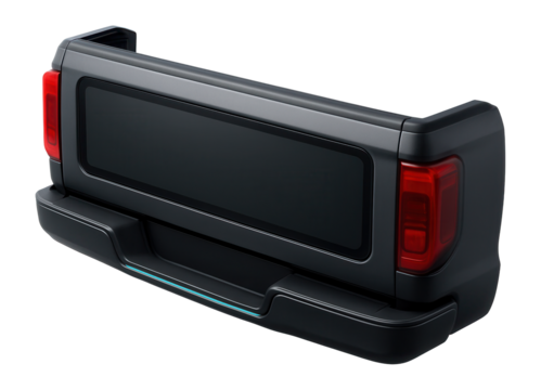 Wide rectangular digital display integrated into the rear panel of a pickup truck