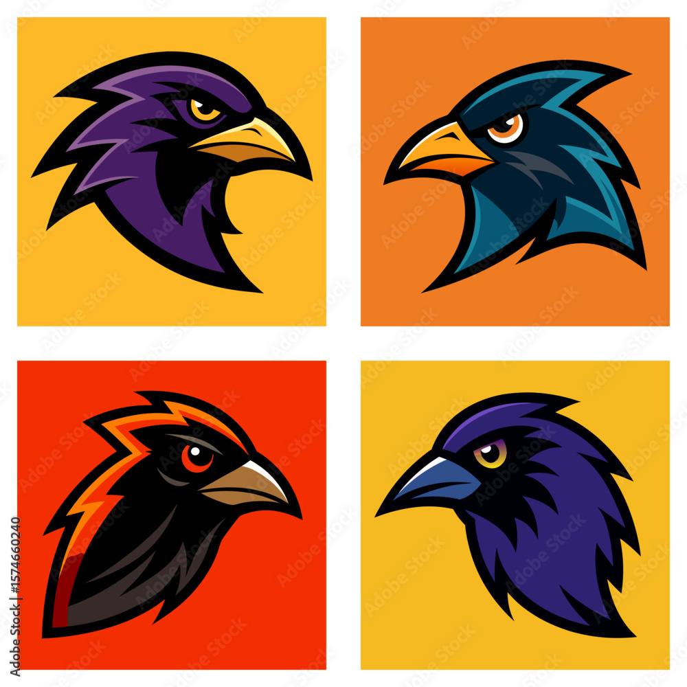 Poster four square images displaying different bird heads in various colors and styles on colored backgroun
