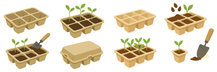 Seedlings emerge from soil in eco-friendly planters at a gardening workshop on a sunny afternoon in spring