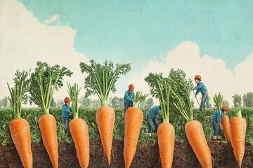 Small workers harvesting giant carrots from a large garden patch