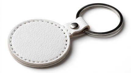 Fototapeta premium High quality photo of white round leather keychain isolated on white background.