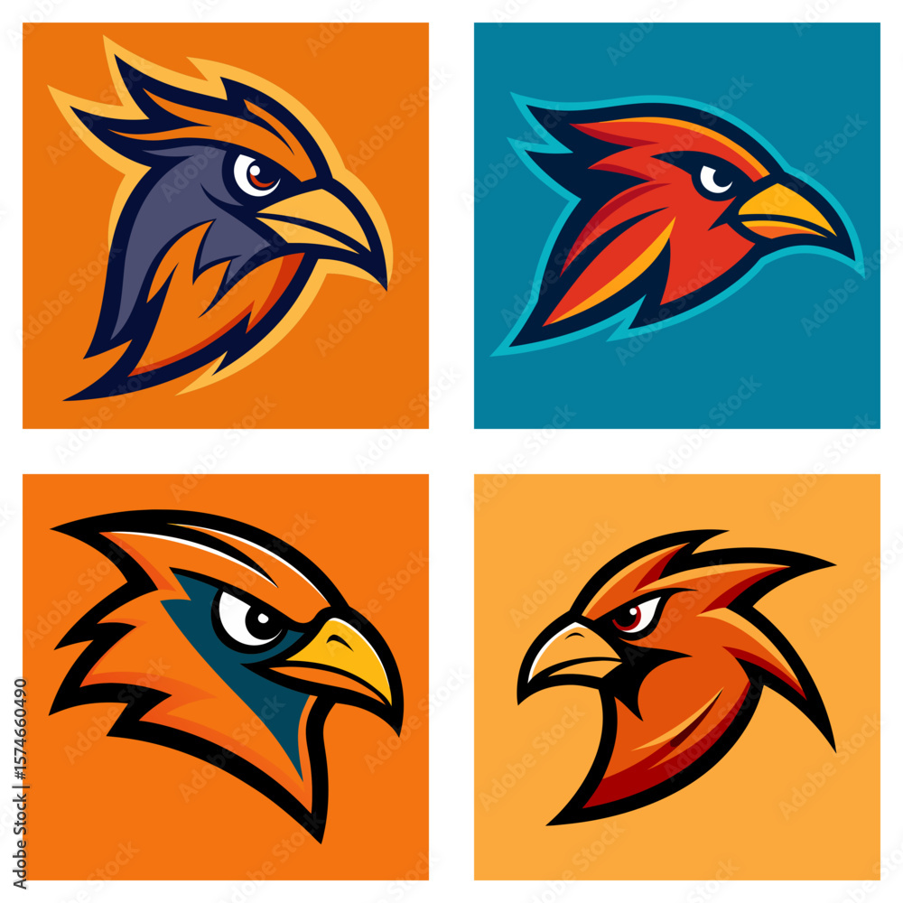 Aufkleber collection of four square images each featuring a stylized bird head with varying color schemes