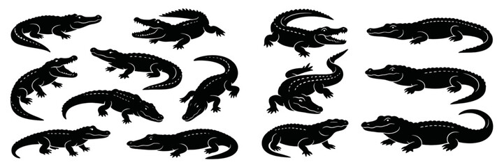 Creative black silhouettes of various crocodiles and alligators showcased in a seamless pattern design on a white background