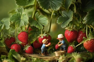 Small gardeners picking ripe strawberries from giant strawberry bushes