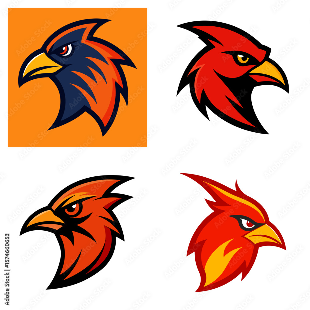 Poster four cartoon bird head designs with varying color schemes and styles on a white background image des