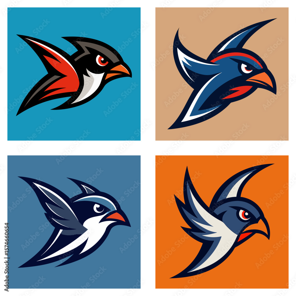Poster collection of four stylized bird logos in different color schemes and square background variations