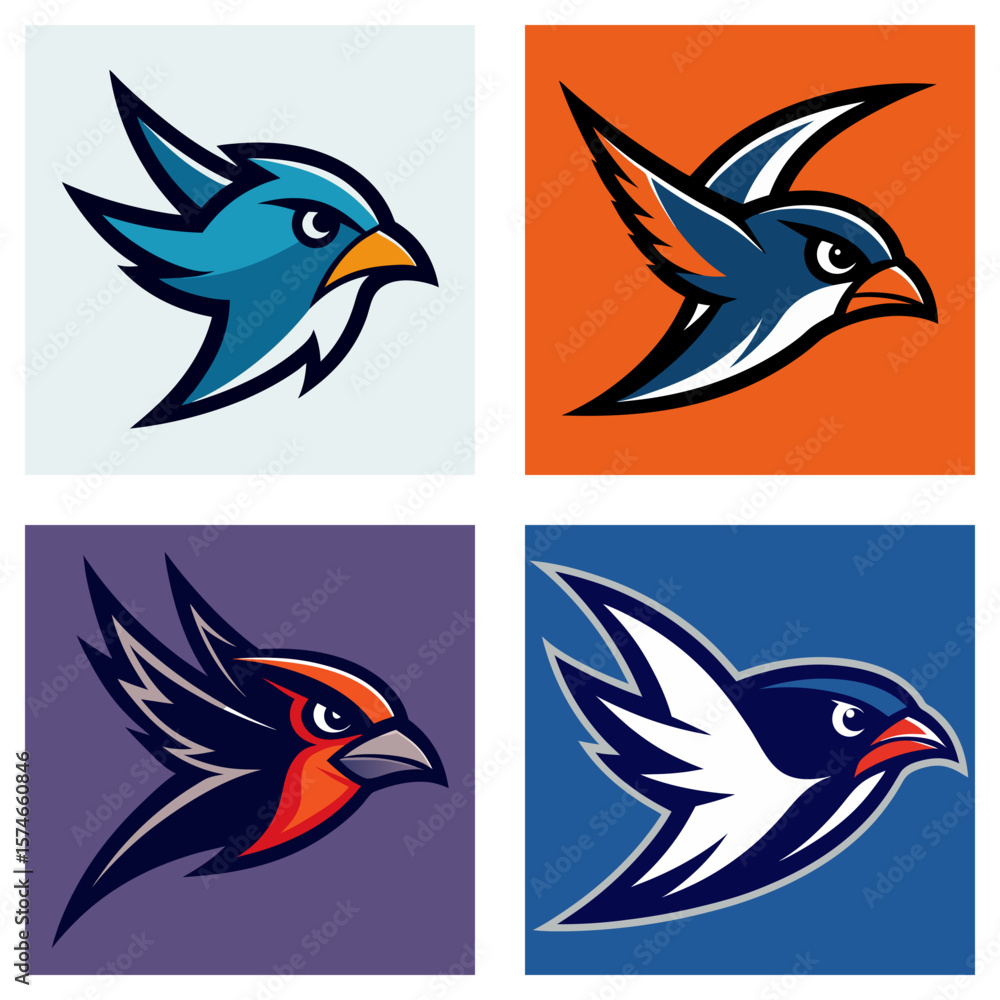 Poster four stylized bird head logos in different color schemes and backgrounds in a square format layout