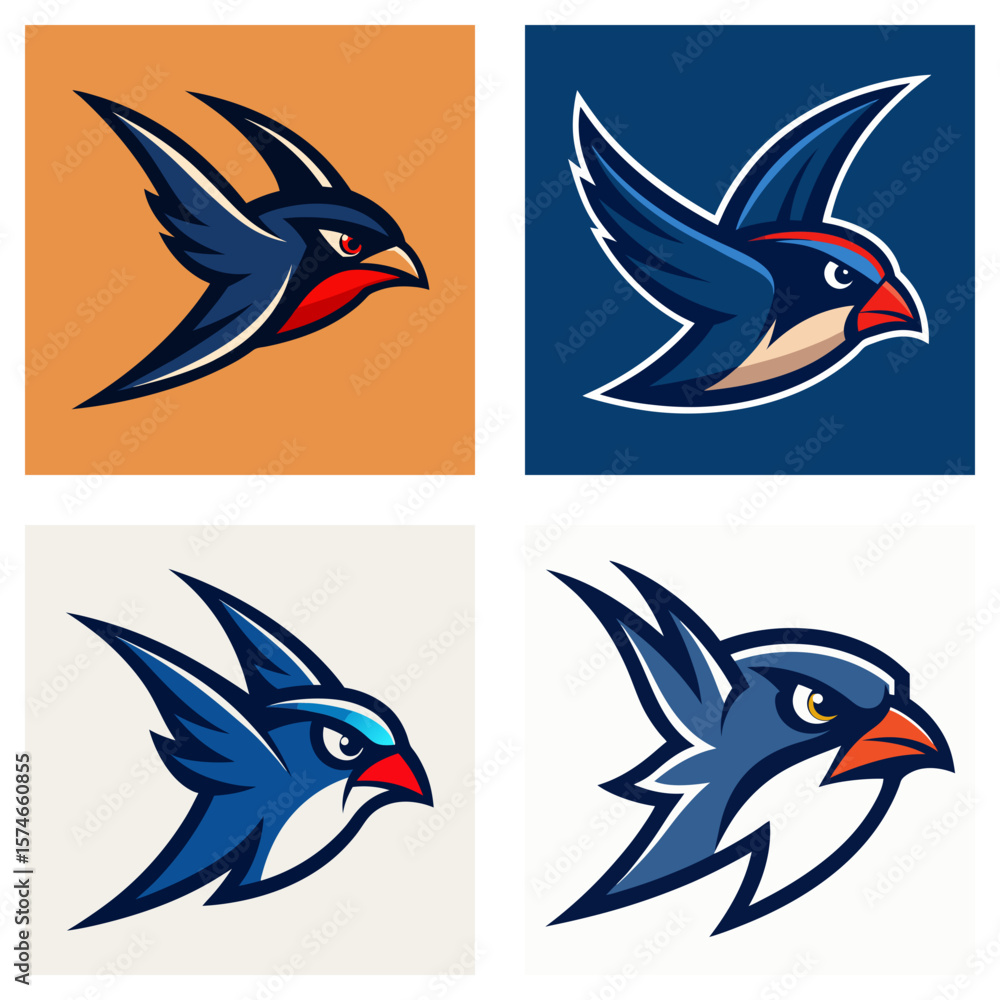 Poster four variations of a stylized swallow bird logo with different color backgrounds and outline colors