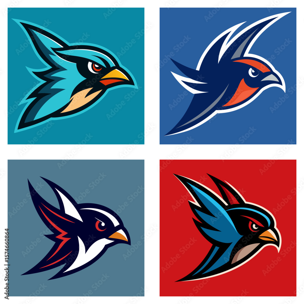 Poster four square bird emblems in varying color schemes depicting stylized swallows in flight position