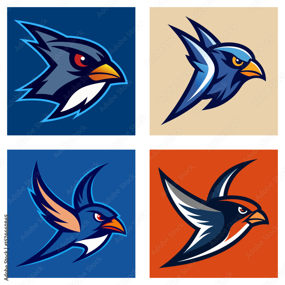 Poster four images showing stylized bird logos with different color schemes and background colors set in a 