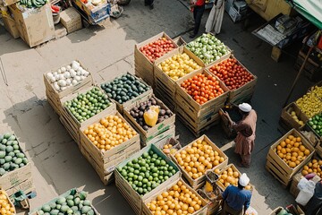 Small workers loading massive boxes of produce into a large market