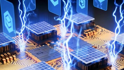 Futuristic microprocessor with glowing circuits and digital icons, symbolizing advanced technology - Powered by Adobe