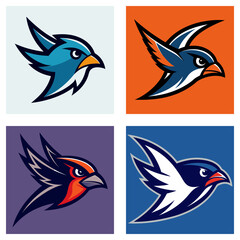 Fototapeta premium Four stylized bird head logos in different color schemes and backgrounds in a square format layout