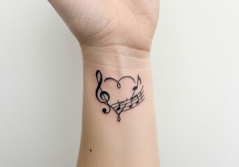 Elegant heart shaped music notes tattoo design on wrist isolated on white background