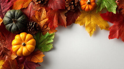 autumn leaves and pumpkins on white