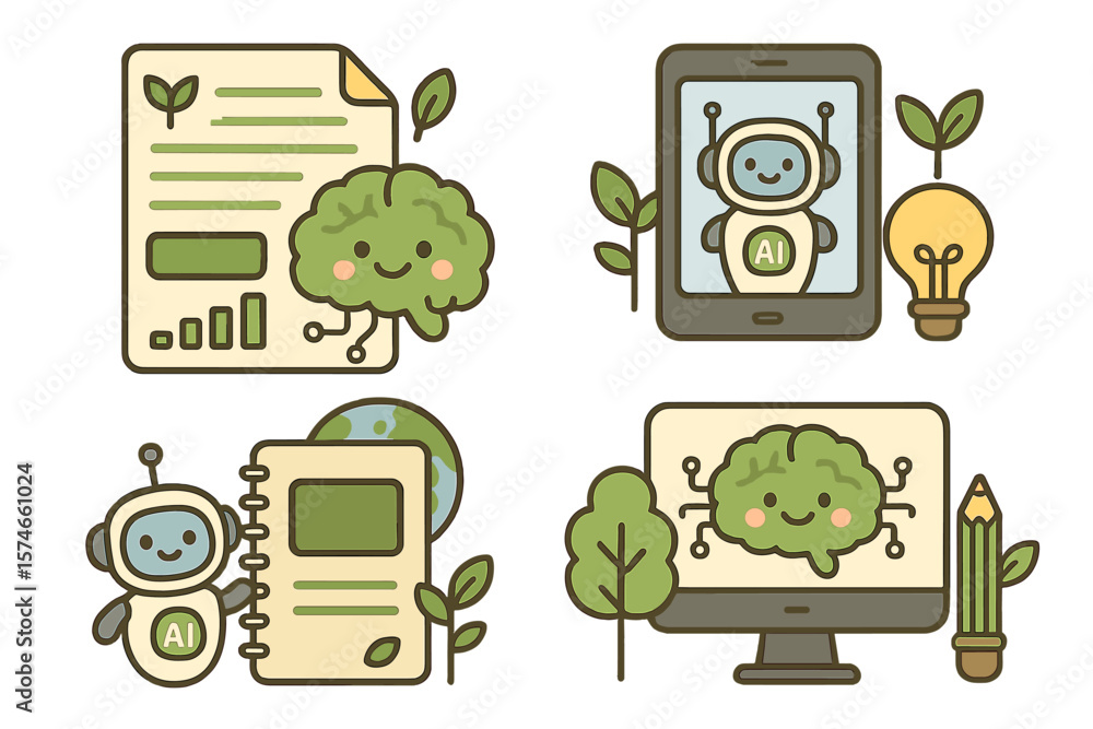 Fototapete conceptual illustration of artificial intelligence and nature with elements such as a brain, robot, 