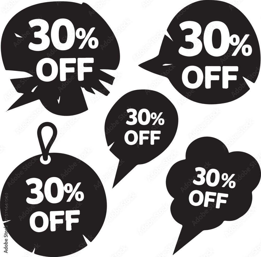 Poster vector art of collection of five black speech bubbles with 30 off text isolated on transparent backg