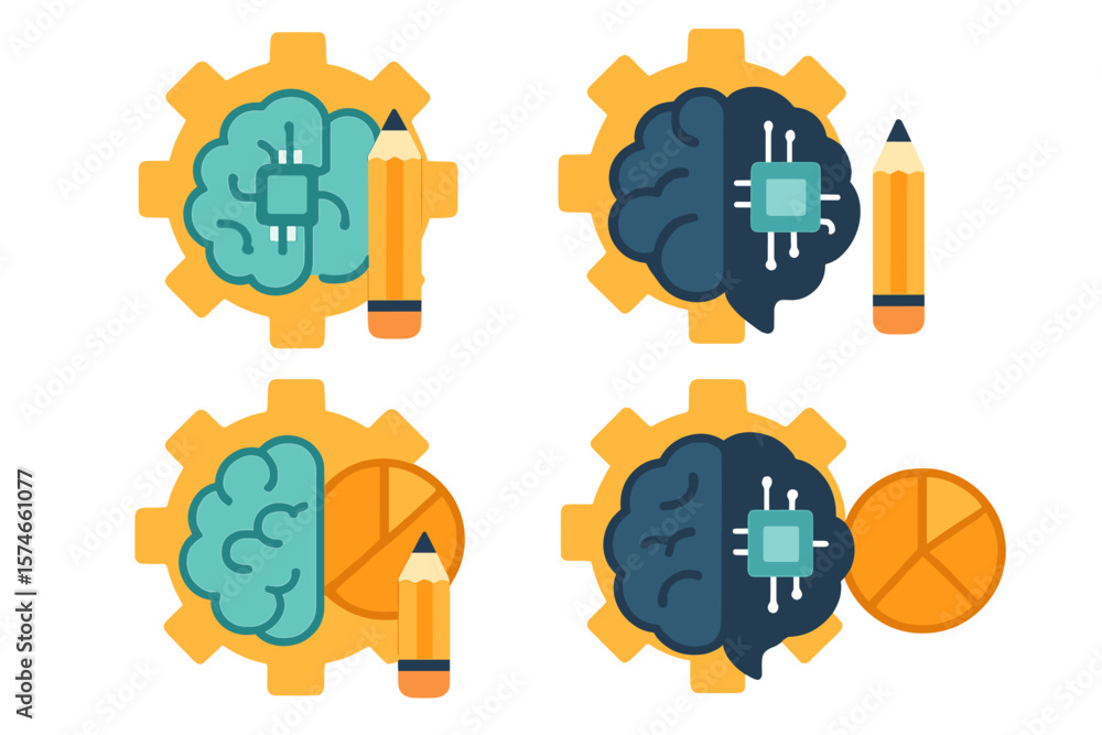 Poster creative illustration of brain and gear concepts highlighting the relationship between intelligence 
