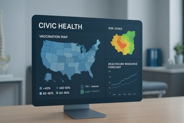 Civic Health Analytics Dashboard Displaying Vaccination Coverage Map, Risk Zone Heatmap, and Healthcare Resource Forecast
