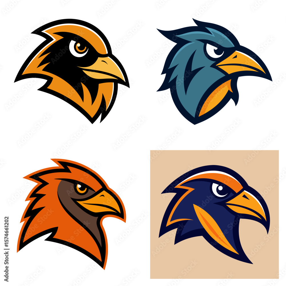 Poster illustration showing four different eagle head designs with varied color schemes and sharp features 
