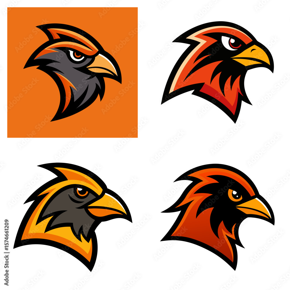 Poster four stylized bird head illustrations with varying color schemes and design elements displayed clear
