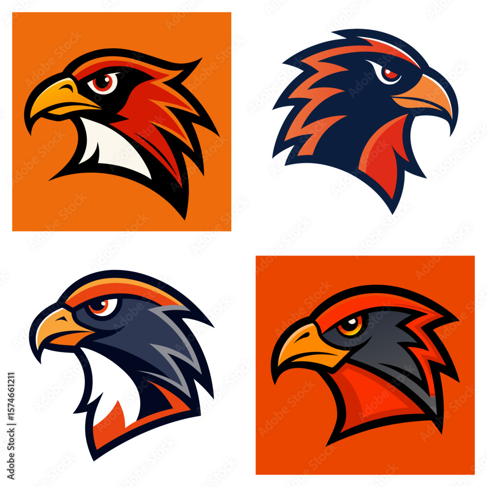 Poster four stylized hawk head illustrations with different color schemes and background variations