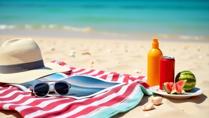 Clean ocean waves breaking on white sand beach with overhead view of a relaxing beach scene, including sun glasses, sun hat and coke with magazine