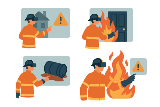 Firefighter using virtual reality for training in emergency response skills during simulated scenarios