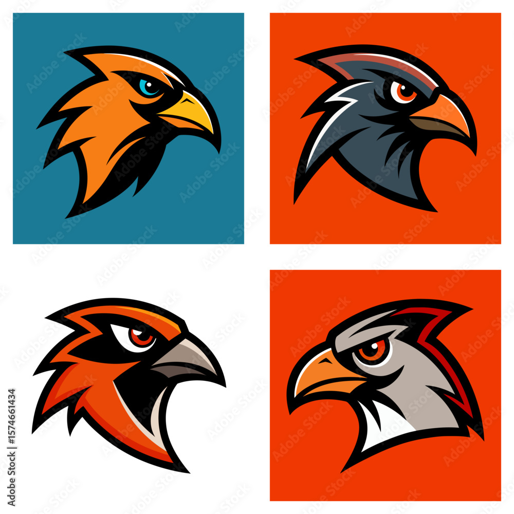 Poster four stylized bird head logos displayed in a grid format with different color schemes and background