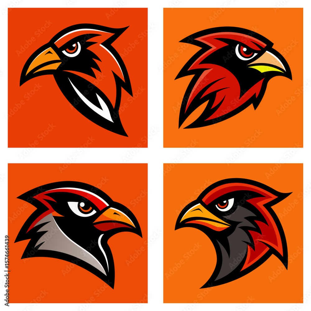 Aufkleber four square panels displaying stylized cardinal head designs on an orange background color pattern i