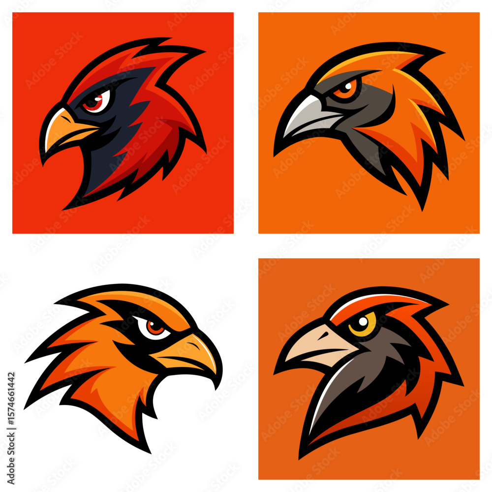 Poster four square images showcasing stylized hawk heads in various color schemes and background colors