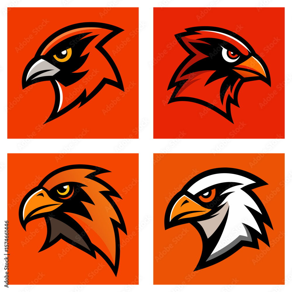 Poster collection of four square images featuring stylized bird head logos in various color schemes and des