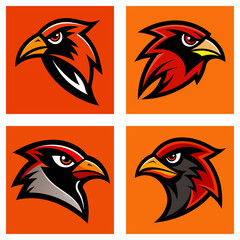 Fototapeta premium Four square panels displaying stylized cardinal head designs on an orange background color pattern image