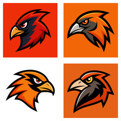 Fototapeta premium Four square images showcasing stylized hawk heads in various color schemes and background colors