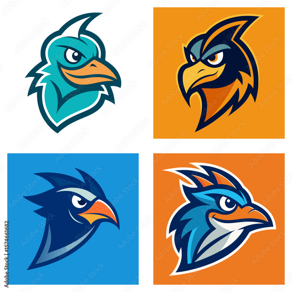 Aufkleber collection of four stylized bird head logos in different colors and background variations displayed