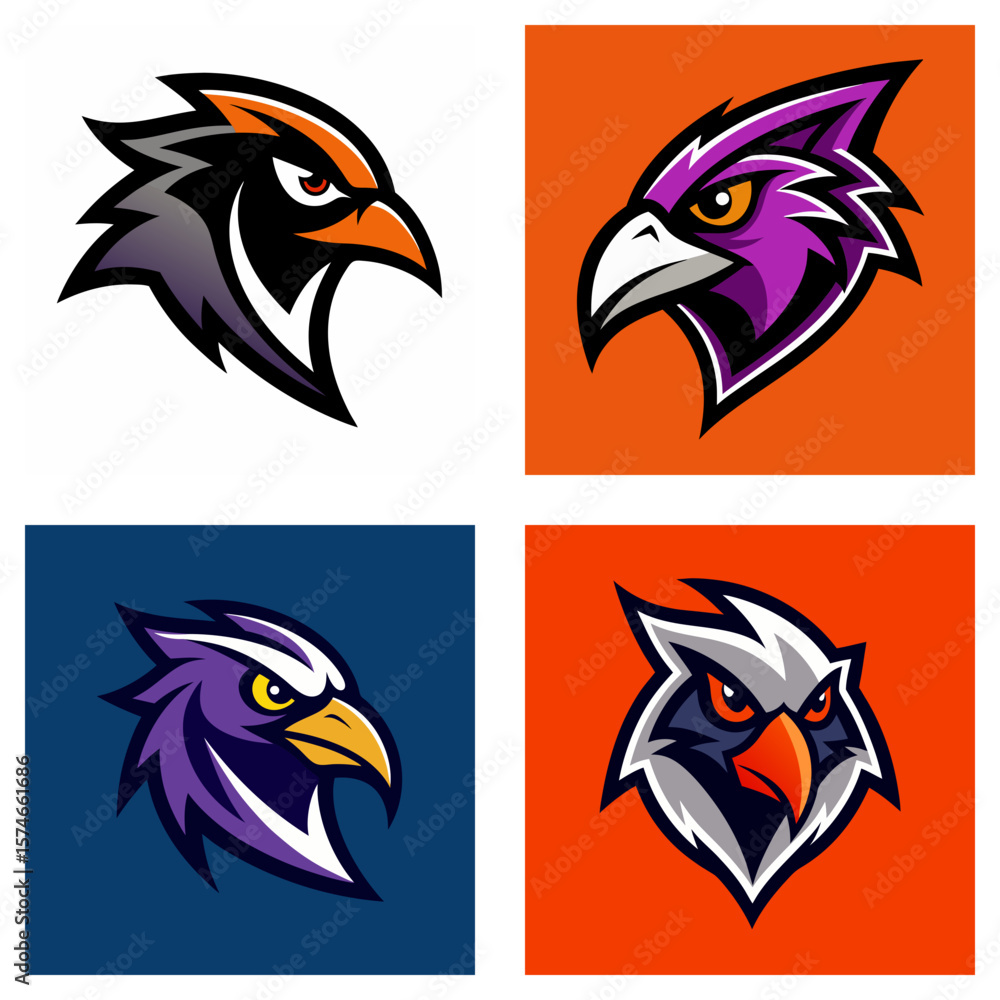 Poster collection of four stylized bird head logos with different color schemes and backgrounds in a square